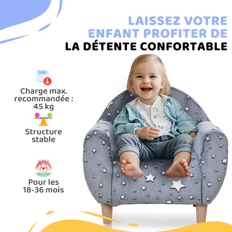 AIYAPLAY Fauteuil enfants canapé pour enfants hosphorescent avec motif étoilé, tissu velours, pour garçons et filles, gris