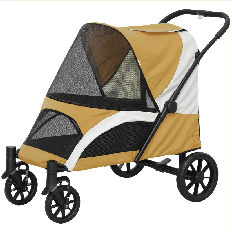 PawHut Poussette pour Chiens, Pliable Buggy pour Chiens Grandes Races, Chariot pour Animaux avec 4 Roues, Cordons de Sécurité, Freins, Marron