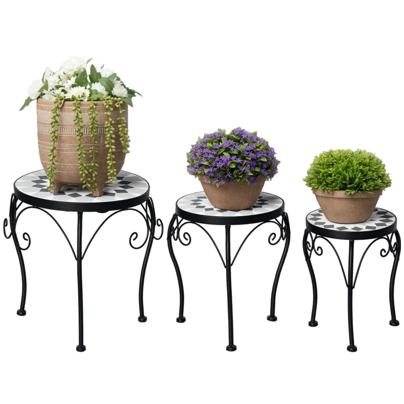 Outsunny Blumenständer 3er Set Pflanzenständer Set Blumenhocker Blumentopfhalter Pflanzenhocker für Blumentopf Keramikfliesen Metall Schwarz+Weiß