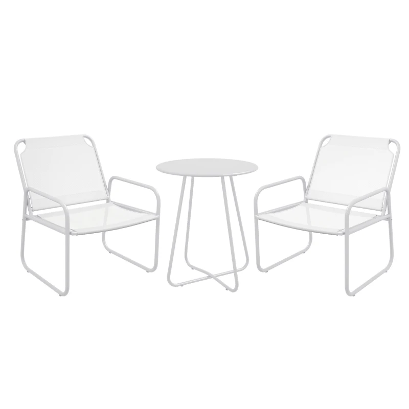 Outsunny Conjunto de Móveis de Jardim com 1 Mesa Redonda e 2 Cadeiras Estrutura de Aço e Apoio para os Braços Branco