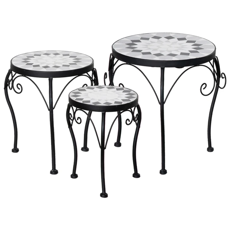 Outsunny Blumenständer 3er Set Pflanzenständer Set Blumenhocker Blumentopfhalter Pflanzenhocker für Blumentopf Keramikfliesen Metall Schwarz+Weiß