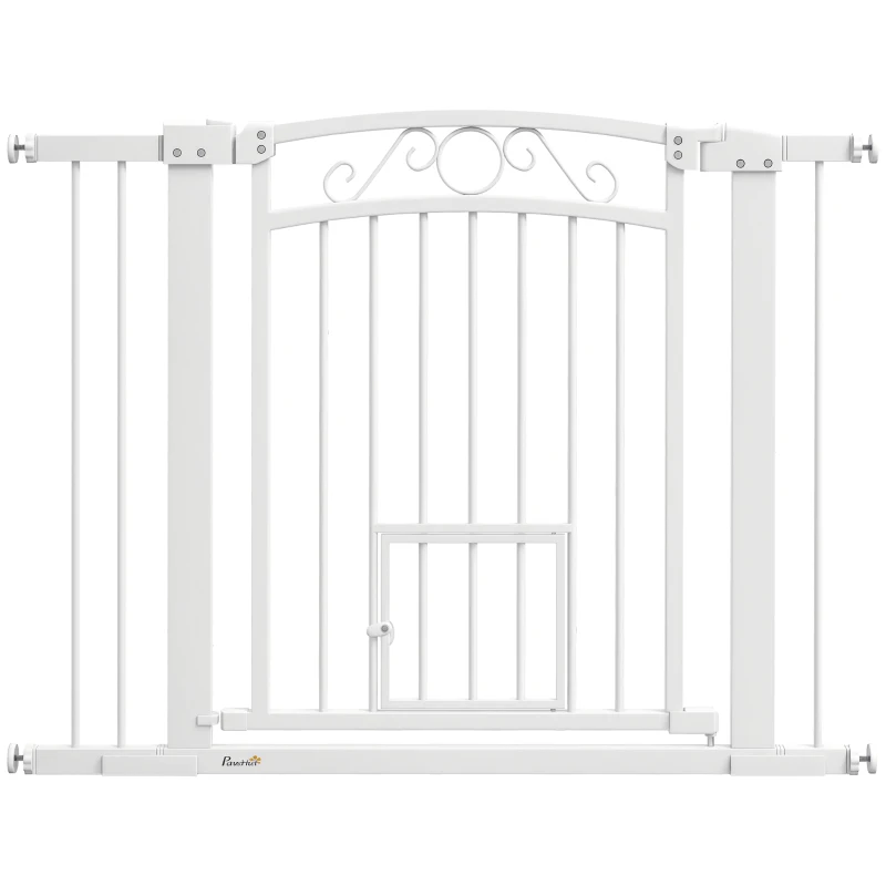 PawHut Ușă de Siguranță pentru Câini de Interior cu 2 Extensii și Ușiță pentru Pisici, 76-104x77 cm, Alb