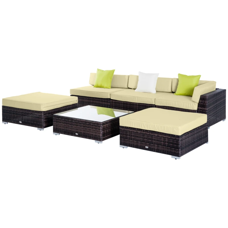 Outsunny 6 PC Rattan Sofa Coffee Table Set Sectional Wicker Weave Furniture for Garden Outdoor Conservatory w/ Pillow Cushion Brown