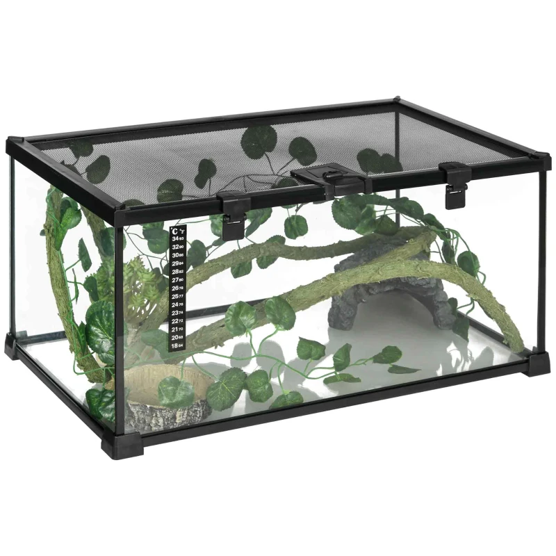 PawHut Boîte à reptiles habitat de terrarium transparent couvercle coulissant treillis métallique noir