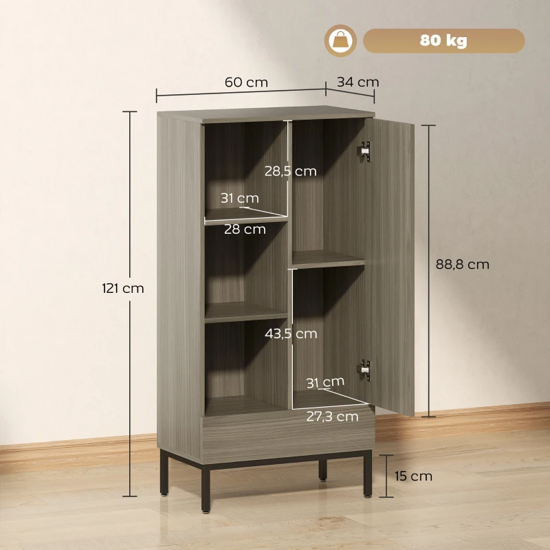 HOMCOM Aparador para Sala Moderno com Gaveta Prateleira Ajustável e 3 Compartimentos Abertos 60x34x121 cm Madeira