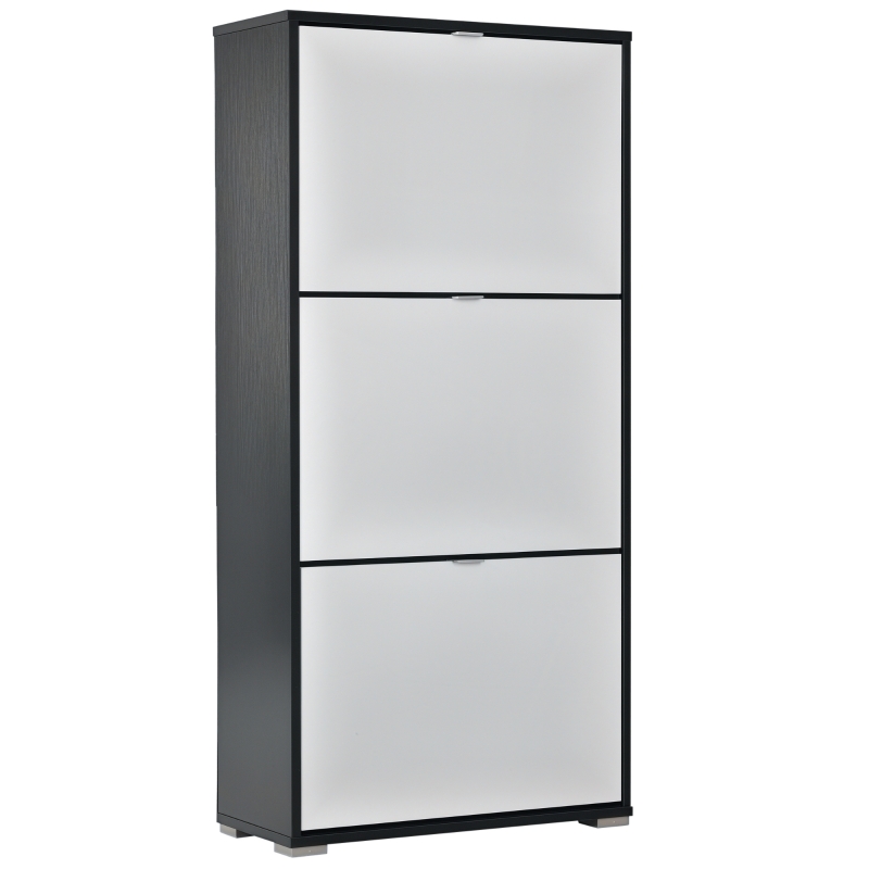 HOMCOM Meuble à Chaussures 3 Portes abattantes 3 Compartiments MDF Noir Blanc laqué