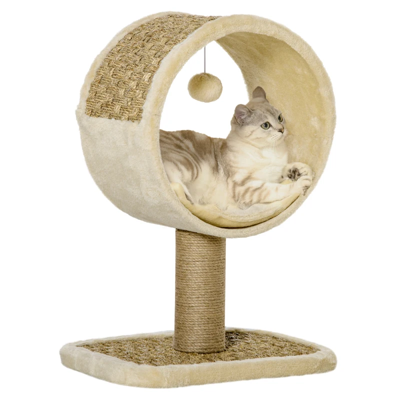 PawHut Árbol para Gatos 40x30x56 cm Ø32cm Torre de Rascado de Gato con Túnel Superior Poste Rascador de Yute Natural Cojín Extraíble y Juguete Colgante Beige