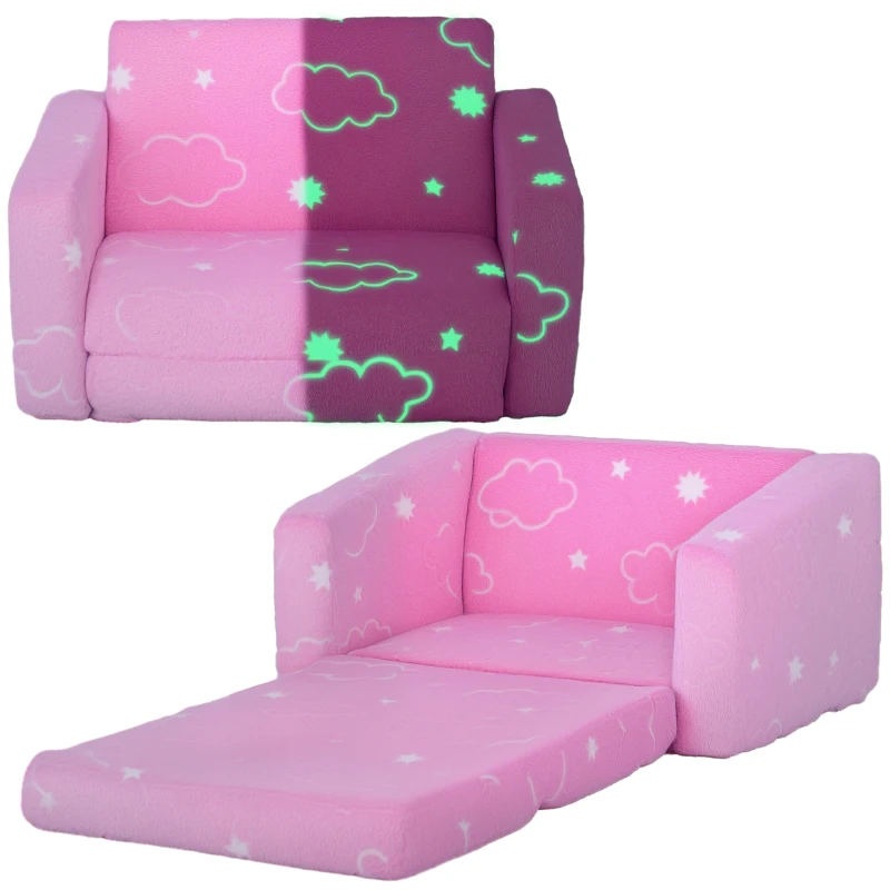 AIYAPLAY Poltrona para Crianças Dobrável e Reclinável Sofá para Crianças Estofado em Tecido Luminoso com Desenho de Nuvens Rosa