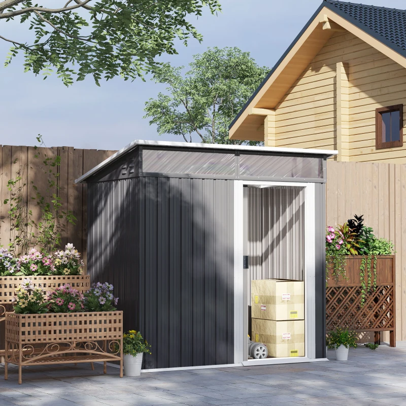 Outsunny Cabane de Jardin, Abri de Rangement avec Fenêtres, Ouvertures de Ventilation, Porte Coulissante, Acier imperméable, Résistant aux Intempéries, Gris Foncé