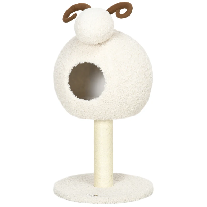HOMCOM Griffoir pour chat, Design mouton avec cabane pour chat et poteau à griffer, coussin lavable, Blanc crème + Marron