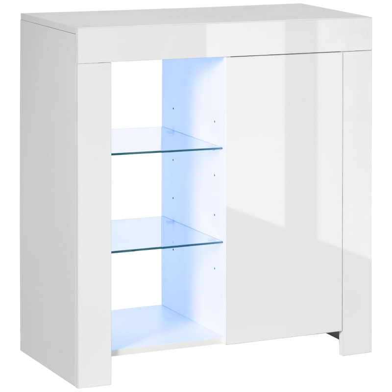 HOMCOM Mobiletto da Salotto Blanc en Aggloméré et Métal avec Lumières LED Bleues, 3 Étagères Ouvertes et Armoire, 75x35x82 cm