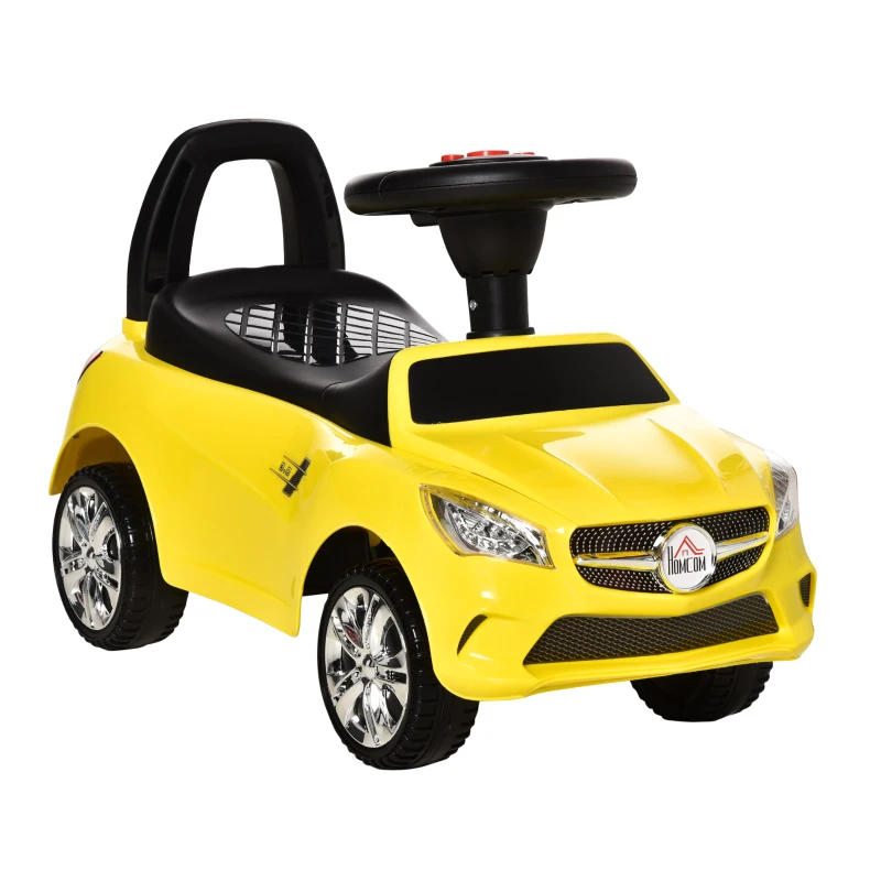 HOMCOM Voiture pour Enfants à Chevaucher avec Volant, Phares et Musiques Intégrées, Voiture pour Enfants en PP et Métal, 63,5x28x36 cm, Jaune