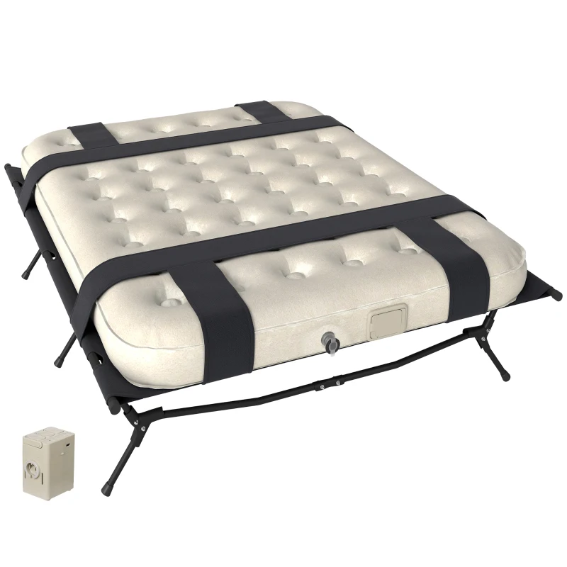Outsunny Lit de Camp Camping avec Matelas Pneumatique Pompe 200 x 153 cm Supporte jusqu'à 200 kg Noir + Kaki
