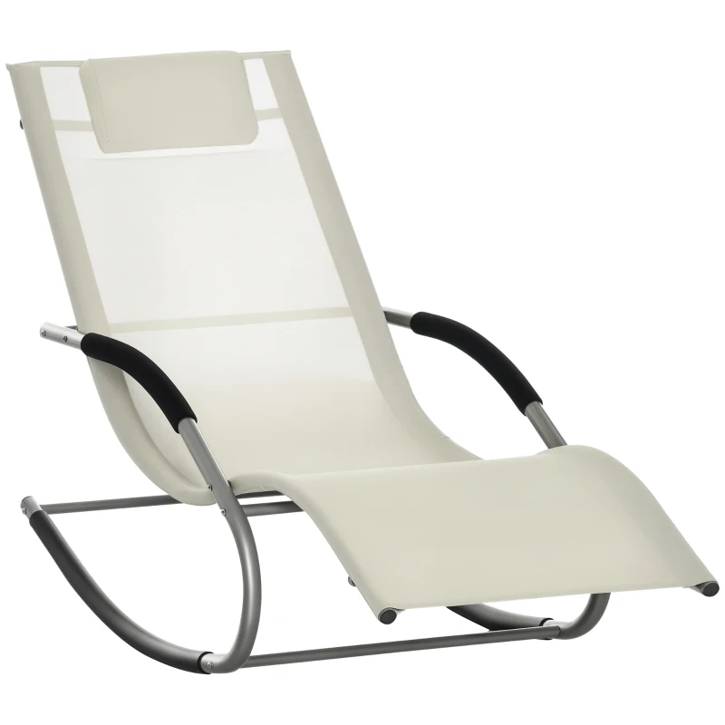 Outsunny Espreguiçadeira Baloiço de Jardim com Apoio para os Braços Almofada para a Cabeça Espreguiçadeira de Exterior Tecido Transpirável e Metal para Praia Pátio Terraço 63x148x85cm Bege