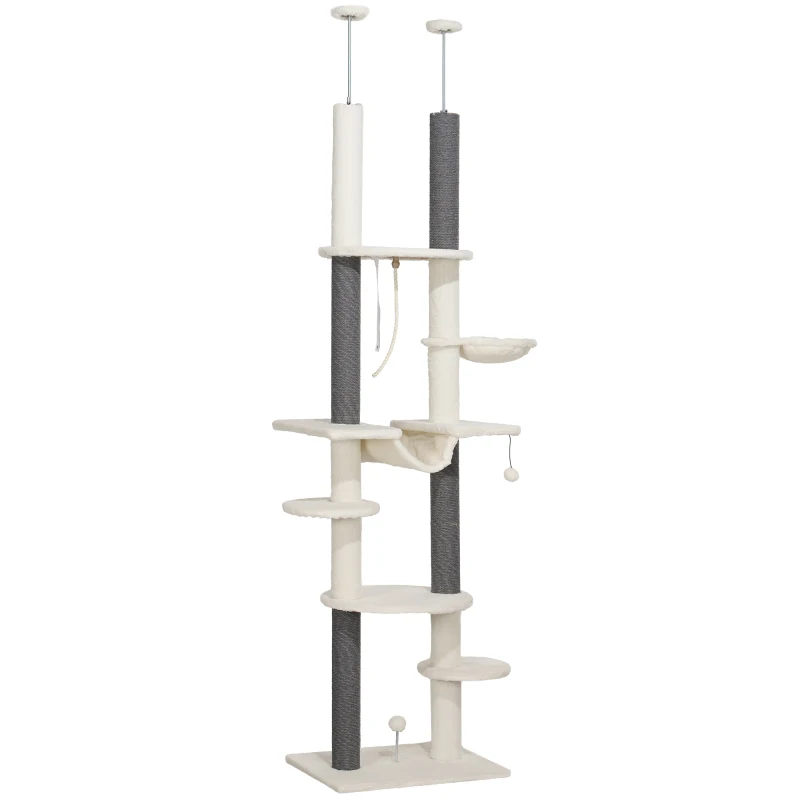 PawHut Árbol para Gatos de Suelo a Techo 225-255 cm con Hamacas Plataformas Juguete de Cuerda Bola de Juguete Crema y Gris