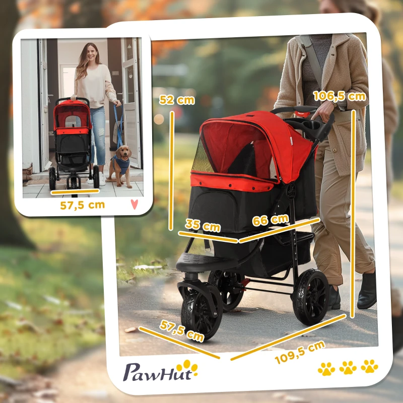 PawHut Poussette pour Chiens avec 3 Roues Fenêtres en Maille Panier de Rangement et Sangles de Sécurité 109,5x57,5x106,5 cm Rouge(m-3)