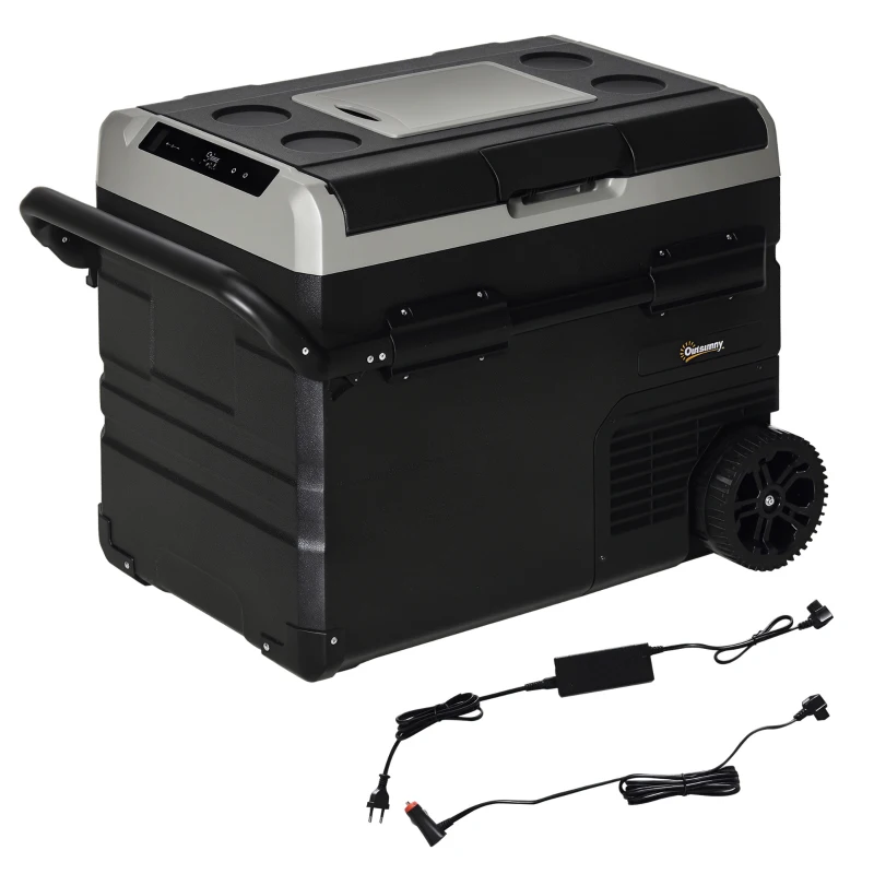 Outsunny Geleira de Compressor Portátil 60L Geleira de Carro CC 12V/24V até -20℃ com Ecrã LED Tátil Alça Retrátil e Rodas 71,1x46x57,1 cm Preto