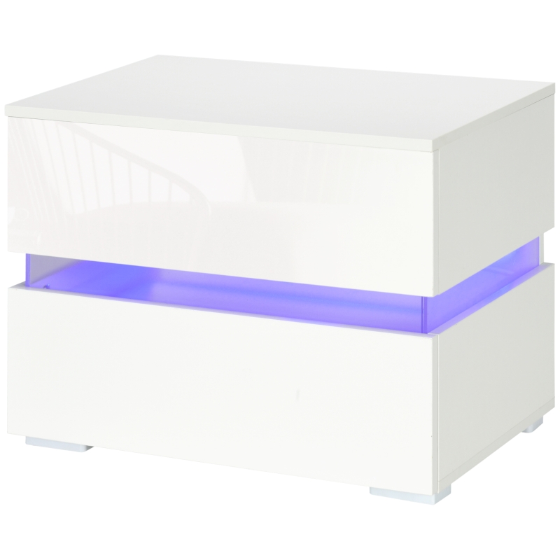 HOMCOM Table de Chevet avec lumière LED RGB intégrée, 2 Tiroirs, 4 Modes d'éclairage et 16 couleurs, en Aggloméré, 60x39x47cm, Blanc