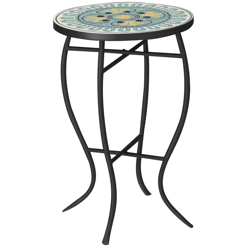 Outsunny Tavolino da Giardino Rotondo con Piano d'Appoggio a Mosaico, Ф35.5x53.5cm