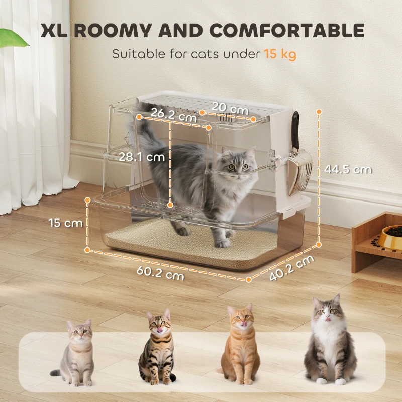 PawHut Lettiera per Gatti in Acciaio Inox XL con Coperchio Ribaltabile Laterale Alto Pala Facile da Pulire Antifughe Grigio Chiaro