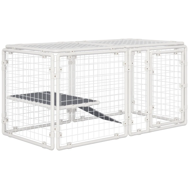 PawHut DIY Rabbit Hutch, 9PCs Guinea Pig Hutch, Large Bunny Cage with Door, Ladder, Divider for Small Animals