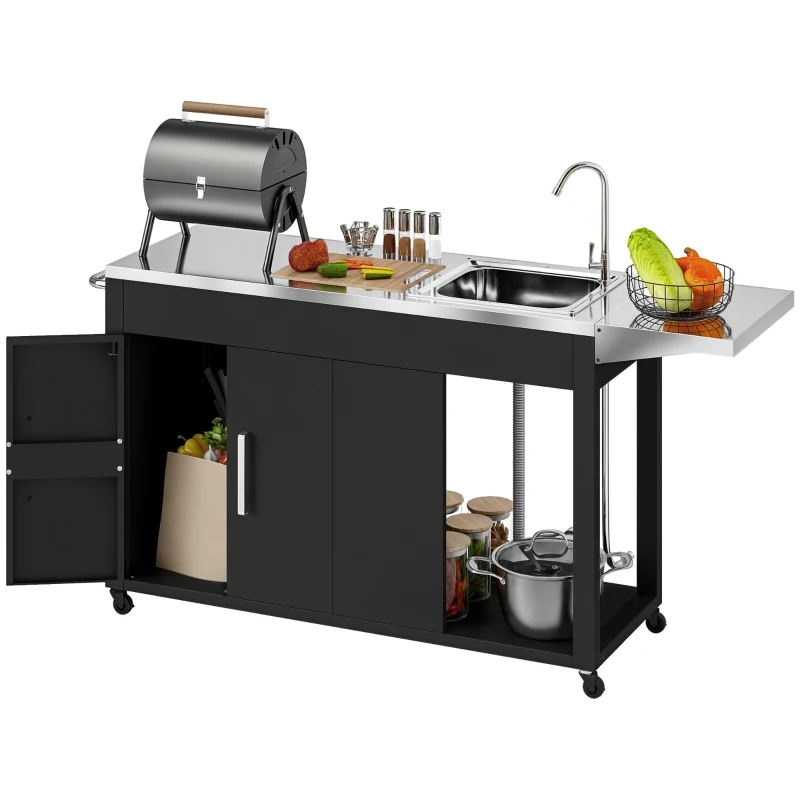 Outsunny Grillwagen Servierwagen mit Arbeitsfläche Seitenblatt Schrank Spüle Räder, Edelstahl 162,5x47x87cm Schwarz