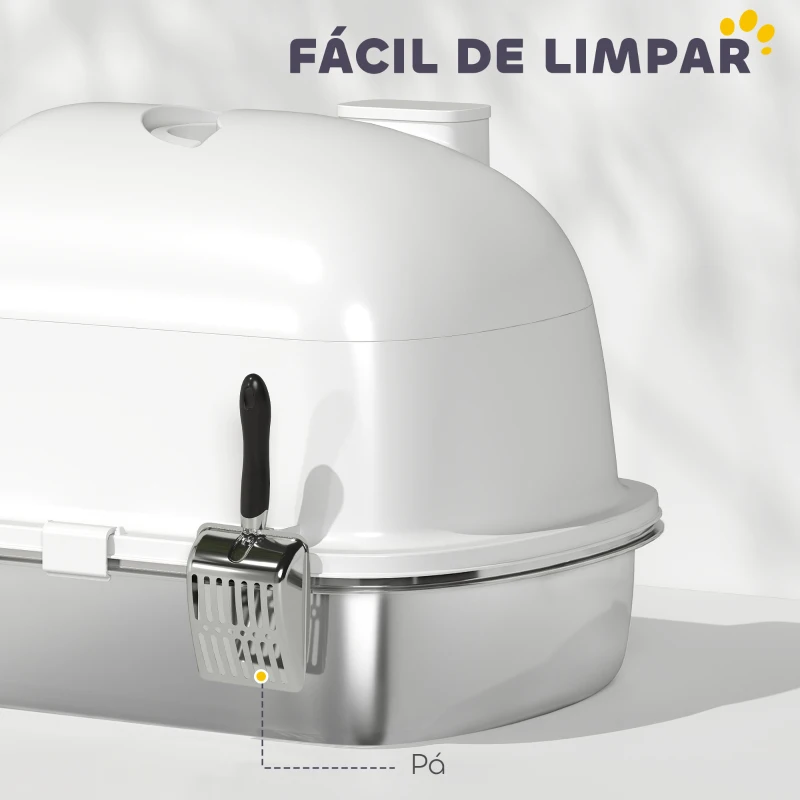 PawHut Caixa de Areia para Gatos em Aço Inoxidável com Tampa Caixa de Areia com Bolsa Desodorizante e Pá 52,4x41,3x39,9 cm Branco