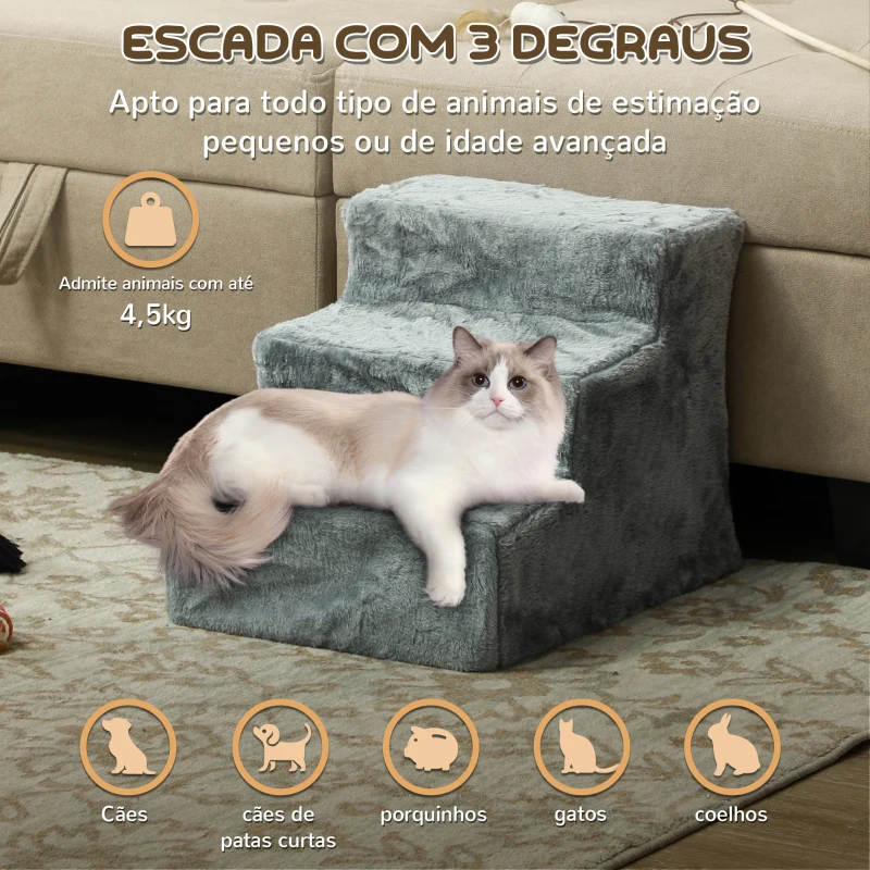 PawHut Escada para Animais de Estimação com 3 Degraus 2 em 1 com Capa Removível e Lavável Escada para Cães Gatos 35x46x35 cm Cinza