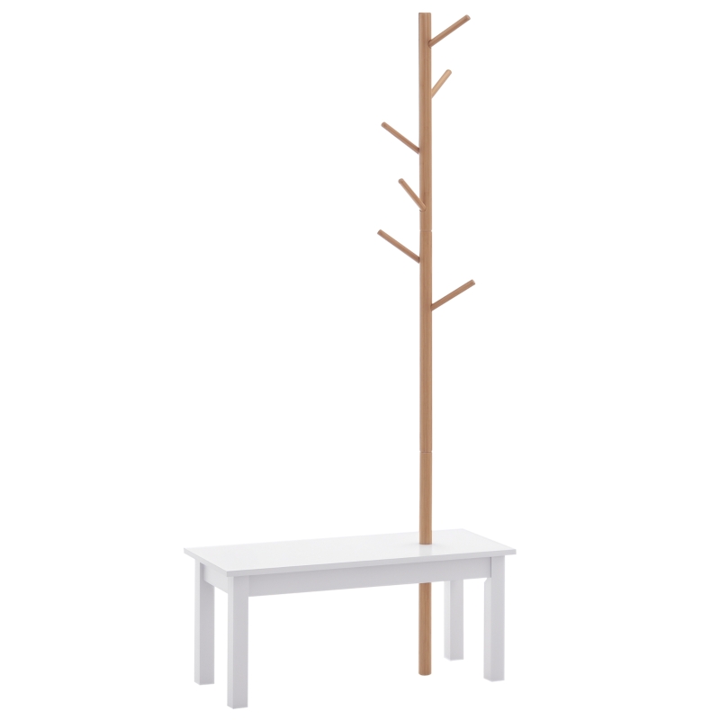 HOMCOM Panca con Appendiabiti da Ingresso, Attaccapanni da Terra in Bambù, Panca da Ingresso Bianca, Design, anche per Camera da Letto, 80x30x180cm, Bianco Legno