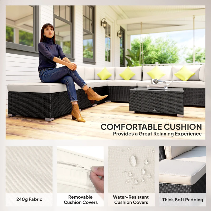 Outsunny 8 Pieces PE Rattan Corner Sofa Set Garden Aluminium Furniture Set with Glass Top Table Washable Cushion Cover Black