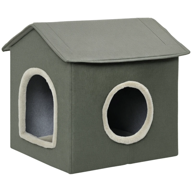PawHut Pat de pestera pentru pisici , Casa portabila pentru animale de companie cu perna detasabila lavabila, Pat confortabil pentru pisici de interior cu 2 usi, 39 x 43,5 x 40,5 cm