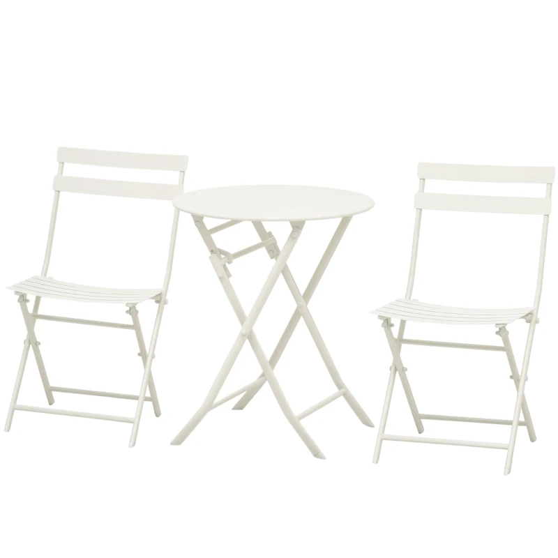 Outsunny Tavolino con Sedie da Giardino Pieghevoli in Acciaio Bianco, Set 3 Pz per Balcone, Terrazzo, Esterno