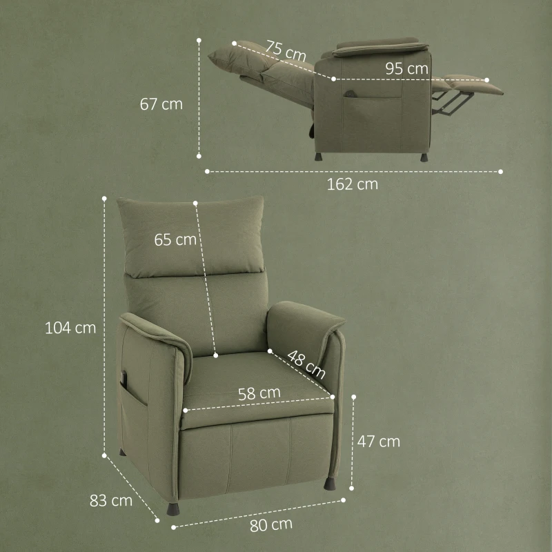 HOMCOM Fauteuil Inclinable avec Moteur sans Balais Repose-Pieds Revêtu Résistant et Poches Latérales 80x83x104 cm Vert