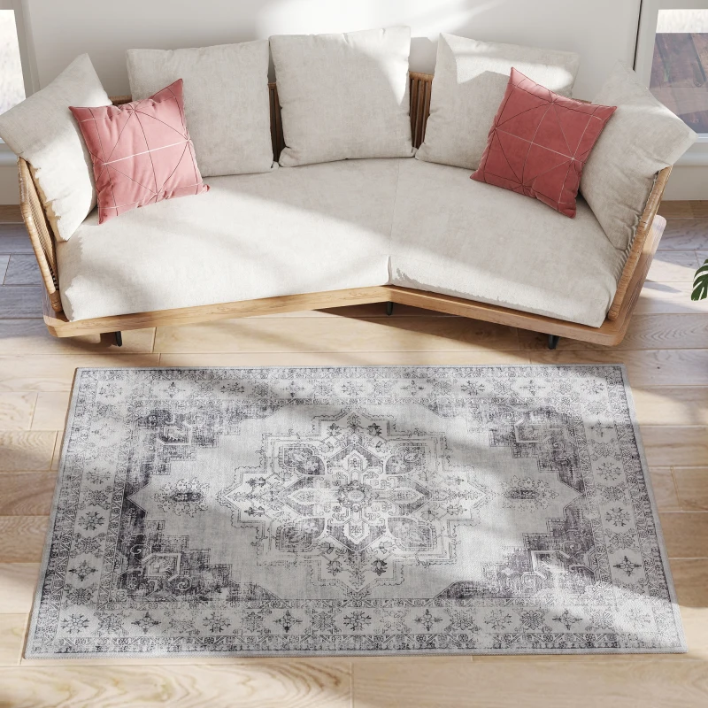 HOMCOM Vintage Area Rug, Non-Slip Washable Rug, Flannel Floor Carpet for Living Room, Bedroom, Dining Room, Home Office, 170 x 120 cm, Grey