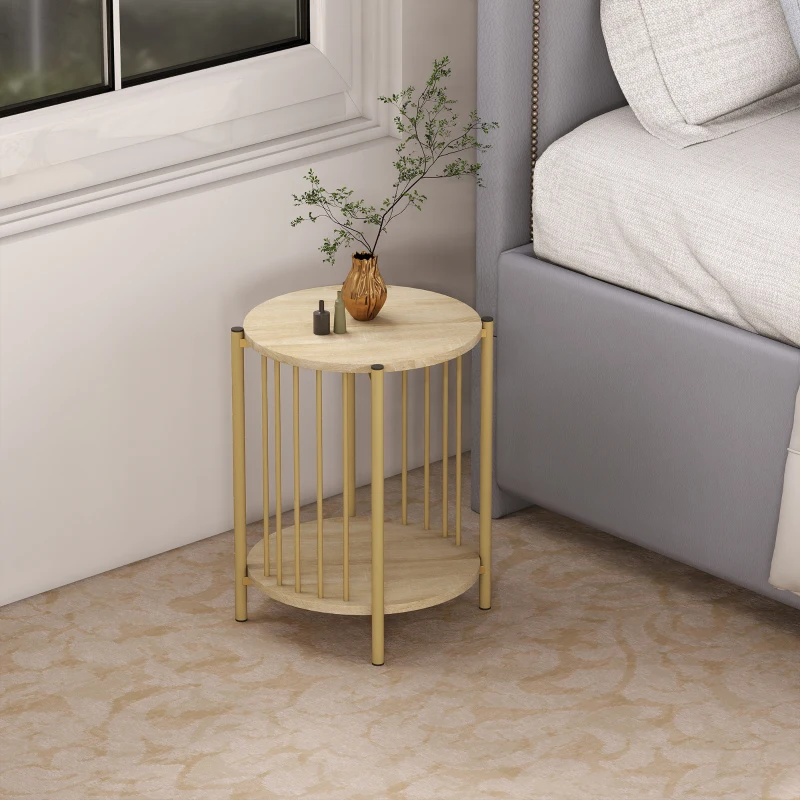 HOMCOM Mesa Lateral Redonda de 2 Níveis com Prateleira de Armazenamento e Estrutura de Aço para Sala e Quarto Ø41x49 cm Madeira