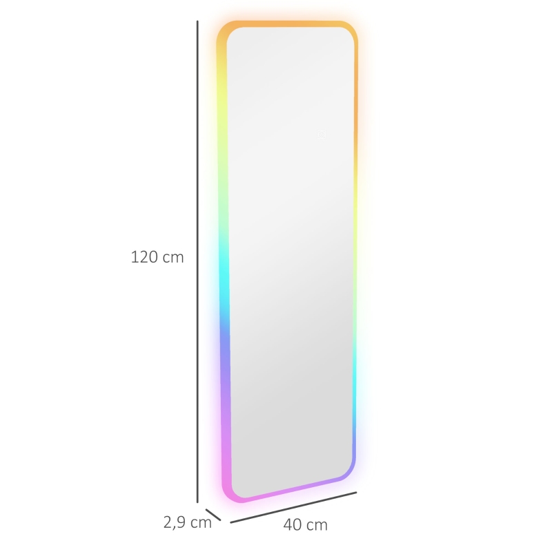 HOMCOM Miroir de Pied Entier avec Lumières LED 120x40 cm Miroir Mural avec Éclairage de 7 Couleurs RGB et Fonction de Mémoire