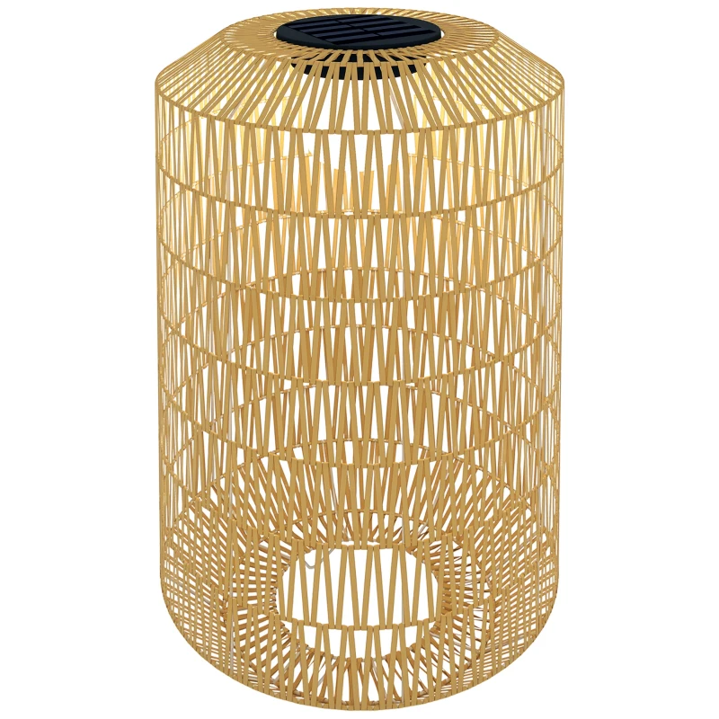 Outsunny Candeeiro Solar em Vime Sintético com Luzes LED Ligação e Desligação Automática Desenho Boémio Impermeável Ø30x55 cm Madeira