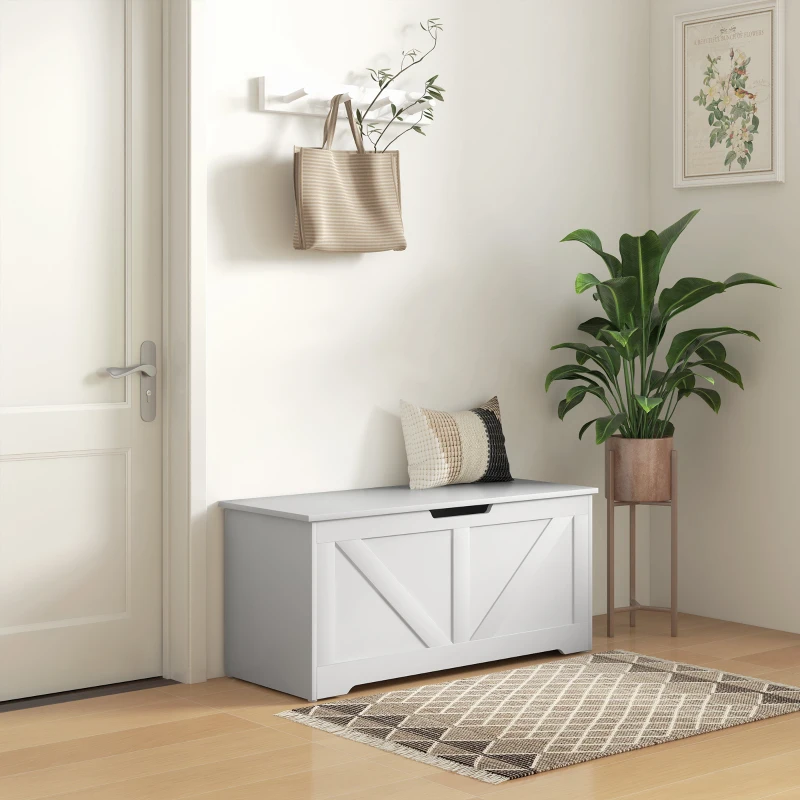 HOMCOM Coffre en Bois avec Charnières de Sécurité, Banc Coffre Capacité 127L, 100x40x45cm, Blanc