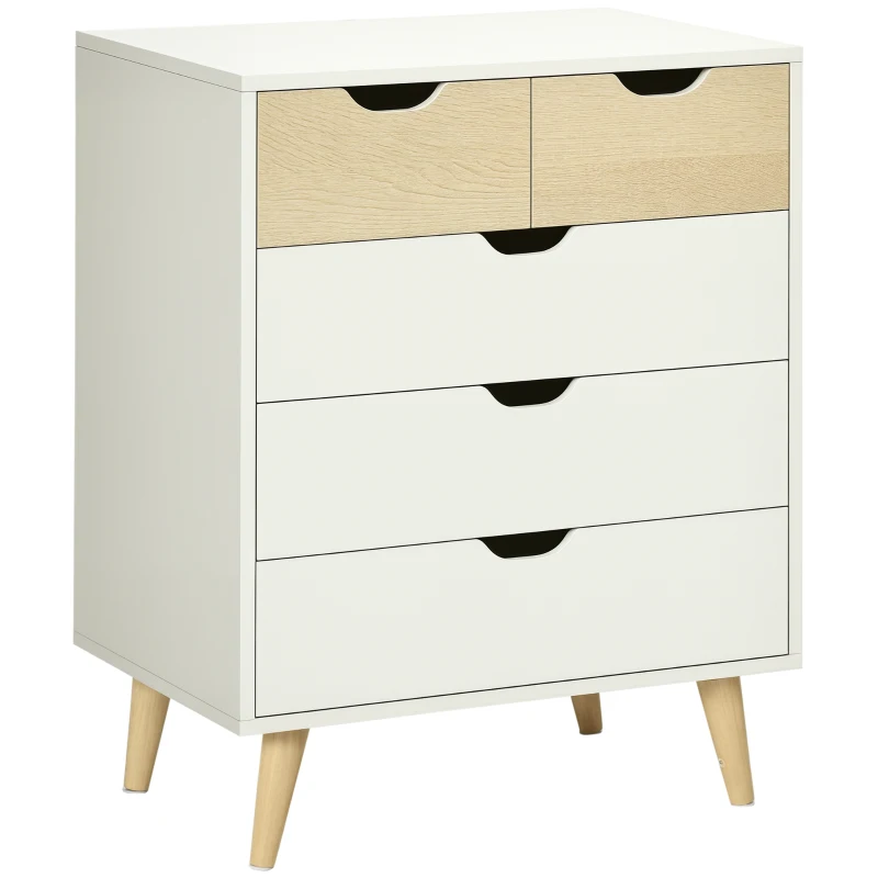 HOMCOM Kommode, Schrank, 5 Schubladen, Kippschutz, modernes Design, Kiefernholz, weiß+hellbraun, 60 x 40 x 77,5cm