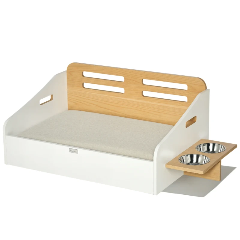PawHut Cama de Madera para Perros Gatos Cama para Mascotas con Comedero 2 Cuencos Cojín Acolchado y Asas Huecas 100x56x39 cm Roble y Blanco