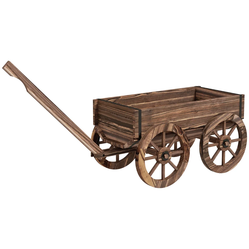 Outsunny Jardinera de Madera Exterior en Forma de Carrito con 4 Ruedas y Mango para Balcón Jardín Patio 120x41x54 cm Carbonizado