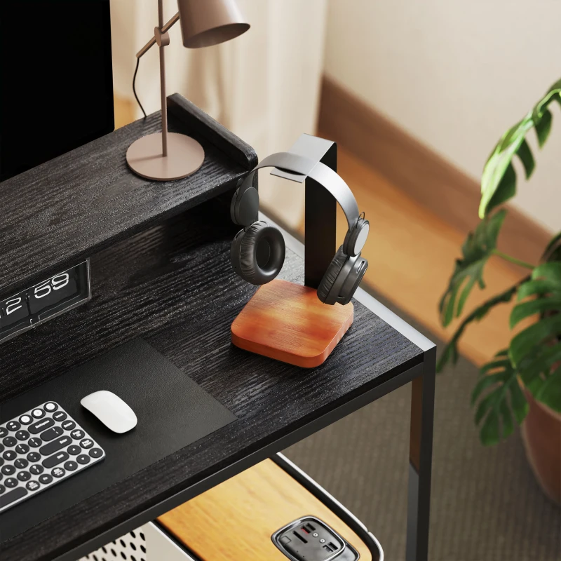 HOMCOM Bureau PC avec Support d'Écran et 2 Étagères Ajustables, en Bois et Acier, 120x48x85.5 cm, Noir