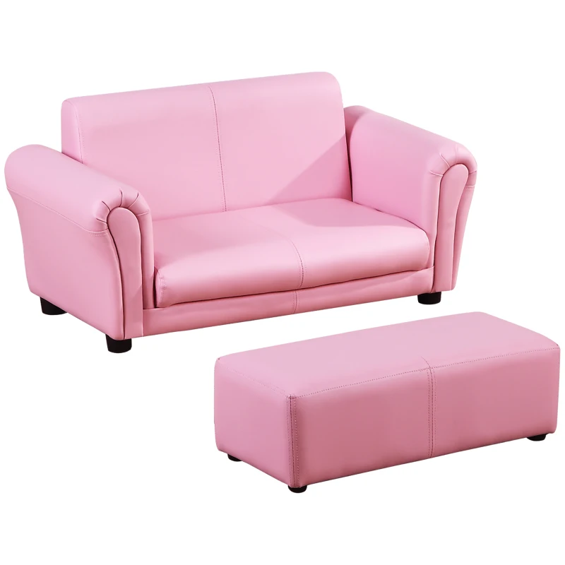 HOMCOM Mini Divano per 2 Bambini dai 3 ai 7 Anni con Poggiapiedi in PVC e Legno Rosa 83x42x41cm