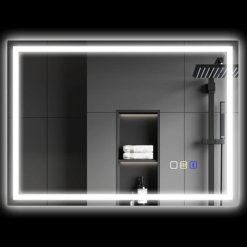 HOMCOM Miroir de Salle de Bain Anti-buée avec Lumières LED Réglables, Enceinte Bluetooth, Boutons Tactiles, 50x70 cm