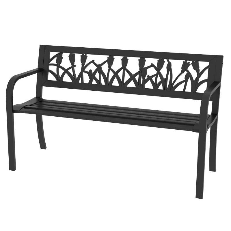 Outsunny Banc de Jardin à 2 Places en Acier avec Dossier Ornée et Accoudoirs, 125x50x75 cm, Noir