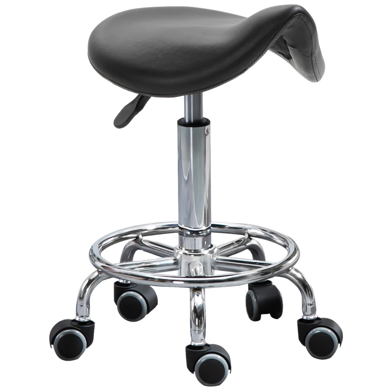 HOMCOM Tabouret Réglable en Hauteur avec 5 Roulettes et Assise Ergonomique Rembourrée en Mousse, 36,5x37,5x51-66 cm, Noir