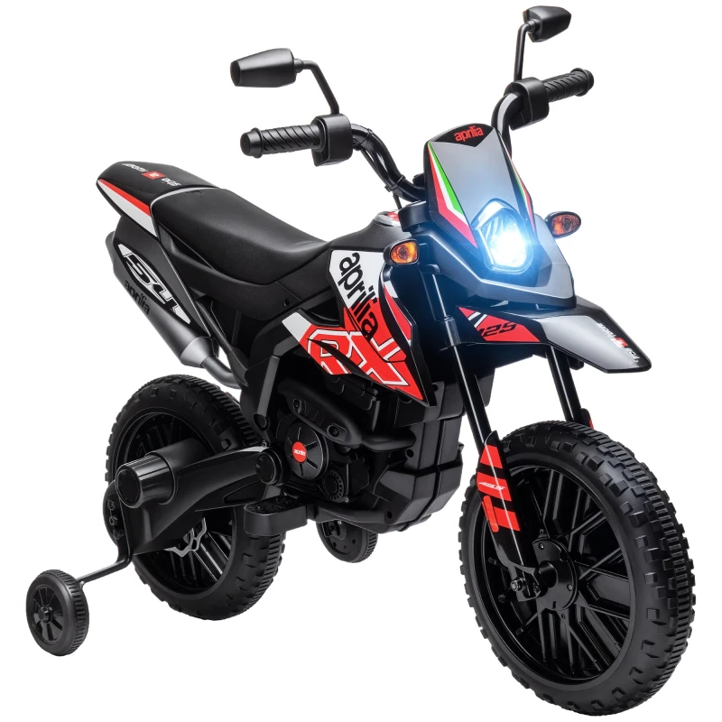 AIYAPLAY Moto électrique enfants sous licence Aprilia avec 2 moteurs 12V, roues d'entraînement, lumière LED, musique - rouge