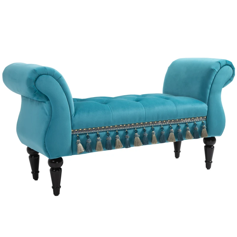 HOMCOM Banc banquette capitonnée design accoudoirs courbés pompons pieds bois hévéa revêtement velours bleu