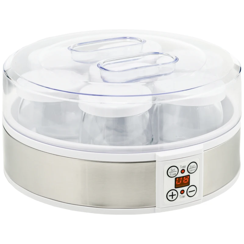 HOMCOM Máquina de Yogur con 7 Tarros de Cristal de 180 ml Termostato Ajustable Temporizador y Pantalla LED 24x24x13 cm Blanco