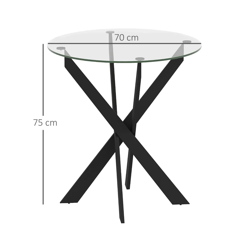 HOMCOM Table à manger moderne en verre, 70 cm de diamètre, Table de cuisine avec plateau en verre trempé et pieds en métal, pour 4 personnes